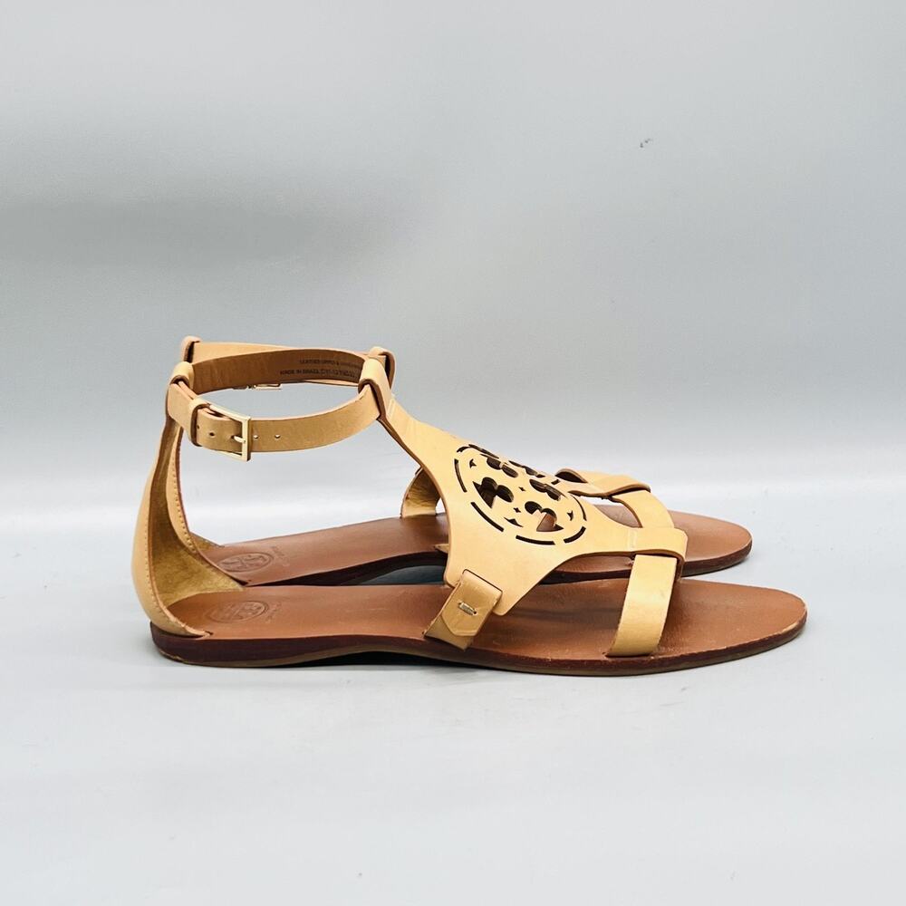 Tory Burch Sandals Womens 9 Beige Leather Gladiator Ankle Strap Logo Flat Shoes
